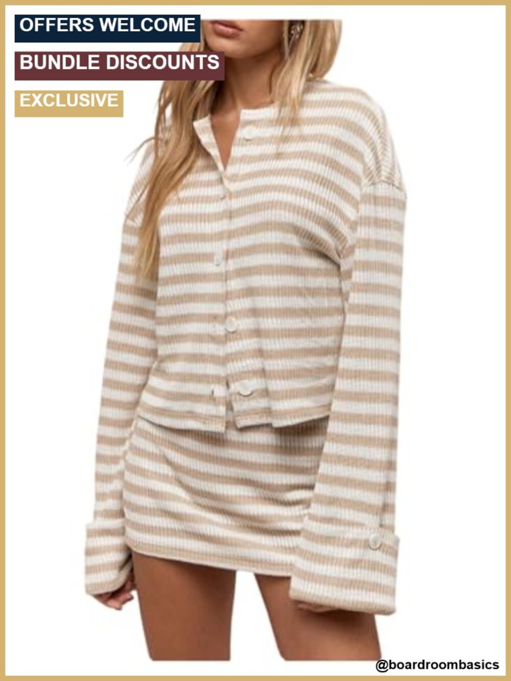 Women's 2 Piece Knit Outfit, Cardigan & Striped Skirt Set